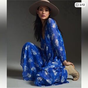 Anthropologie XS boho dress Marais printed chiffon maxi dress blue sapphire